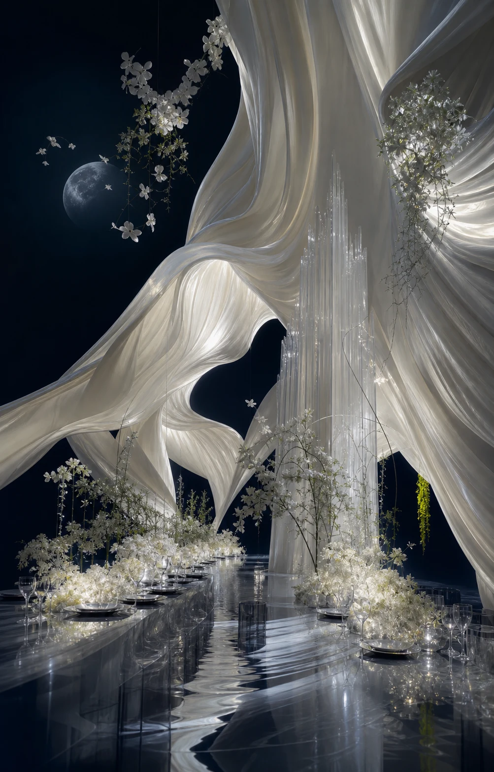 Conceptual ivory ceremony environment with sculptural textile, glass and florals