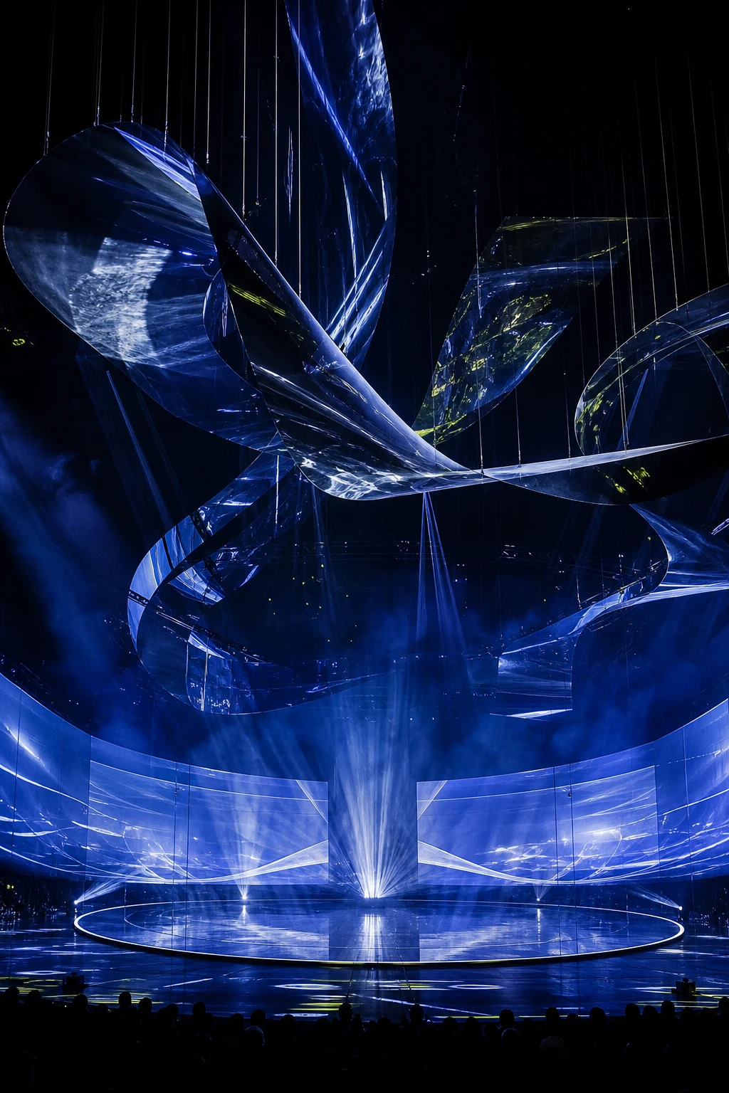 Conceptual live event environment with kinetic mirrored architecture and cobalt light