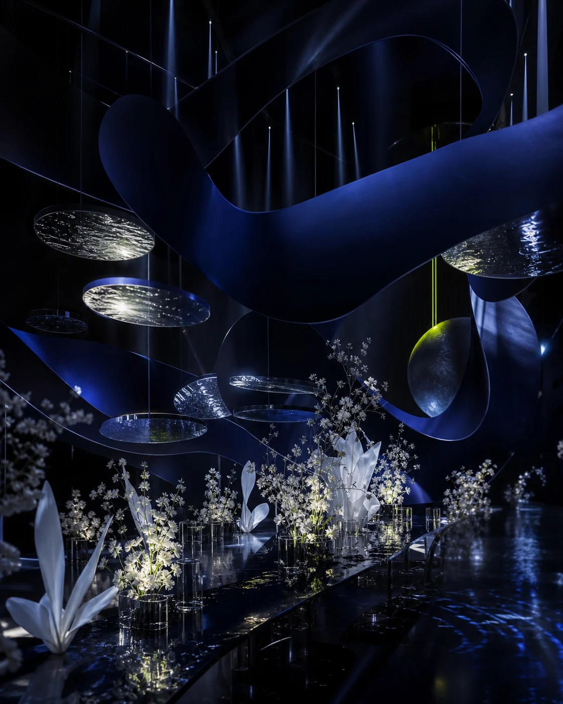 Conceptual navy event environment with sculptural architecture, light and florals